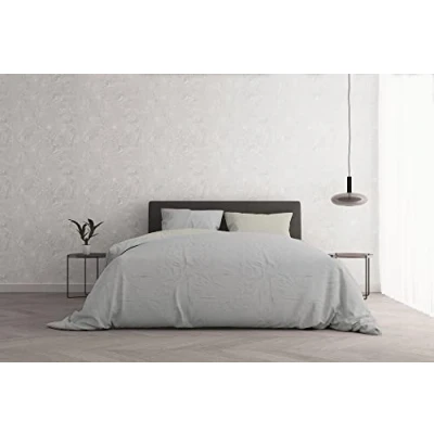 Image of Italian Bed Linen Duvet Cover Set “Natural Doubleface Solid Colour Bag Sheet and Pillowcase, Light Gray/Cream, Double
