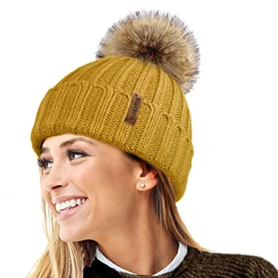Image of TOSKATOK®Womens Warm Winter Hat Woolly Knitted Beanie with Detachable Chunky Faux Fur Bobble Pom Mustard