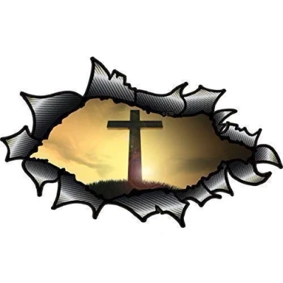 Image of OVAL RIPPED OPEN TORN CARBON FIBER FIBRE Effect Design With Christian Crucifix Religious Cross Motif Vinyl Car Sticker 150x90mm