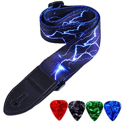 Image of WOGOD Guitar Strap Jacquard Weave Hootenanny with Leather Ends (Blue Light)