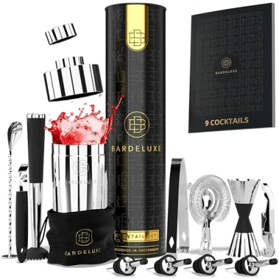 Image of BarDeluxe® Cocktail Shaker Set, 12 Pieces Making Kit, Kit 750 ml Shaker, Bartender Bar with Tools, Gift Recipe Book (Silver)