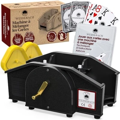 Image of Weidebach® black card shuffler with golden crank for all standard games, 2x decks &amp; spare crank, mixing device booklet fun game nights.