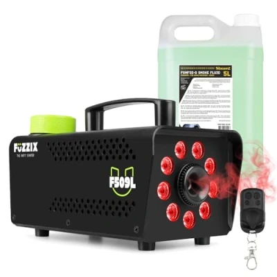 Image of Fuzzix F509 Smoke Machine with Built in RGB LED Lights, Wireless Remote Control and 5L Green Fog Fluid for Halloween House Party