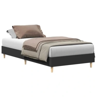 Image of vidaXL Black Modern Single Bed Frame Engineered Wood with Sturdy Eucalyptus Legs, 90x200 cm for Bedroom/Guestroom