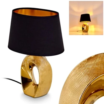 Image of hofstein Rovio Table lamp, Modern Bedside lamp Made of Metal/Fabric in Black, Gold with Fabric Shade Light Effect, on/Off Switch on Cable, Ø 19.5 cm, E27, Without Bulb