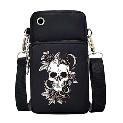 Image of FINDING CASE White Picture Printed Women Girls men Zipper Waterproof Nylon 3 Layers Crossbody Bags Wallet Cellphone Purse Shoulder Bag Wristlet Handbags Adjustable Strap (Skull)