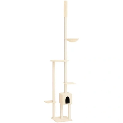 Image of vidaXL Cat Tree Cream Plush &amp; Sisal Adjustable Height Floor to Ceiling Climber, Multi level Scratching Post with House, Hammock Platforms