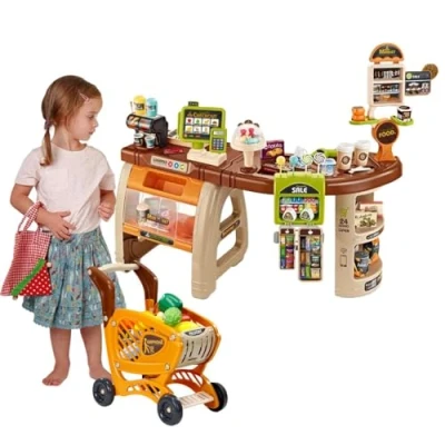 Image of Sobebear Kids Shopping Store Playset with Cashier, Grocery Pretend Play Kit Light &amp; Sound Checkout Scanner Card Reader, Cash Register Food Game Credit Machine for