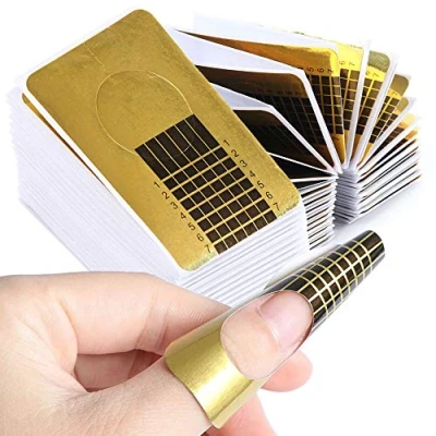 Image of 100 Pcs Nail Art Forms Sticker, Golden Acrylic Tips Gel Extension Sticker Self adhesive Guide for UV Women Girls