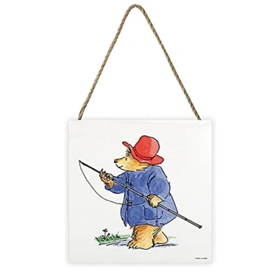 Image of Pyramid International Paddington Bear Artwork (Fishing with Design) 20cm x 3cm Woodblock Hanging Cord Official Merchandise ​, Blue,Gold,Red