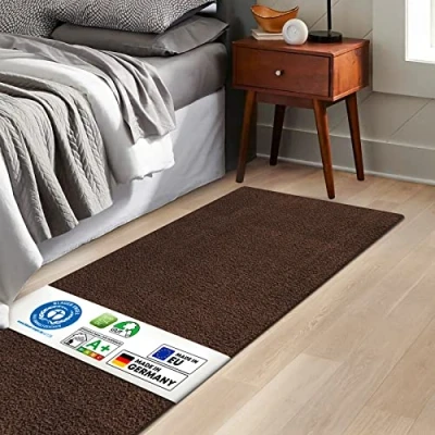 Image of KARAT Barcelona Bedroom Runner Rug, Deep Pile Bed Surround Carpet Floor Mat, Rug Mat for Bedroom, Living Room, Hallway (Dark Brown, 80 x 200 cm)