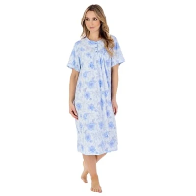 Image of Slenderella Peony Short Sleeve Cotton Jersey 42 Inch Nightdress (10/12, blue)
