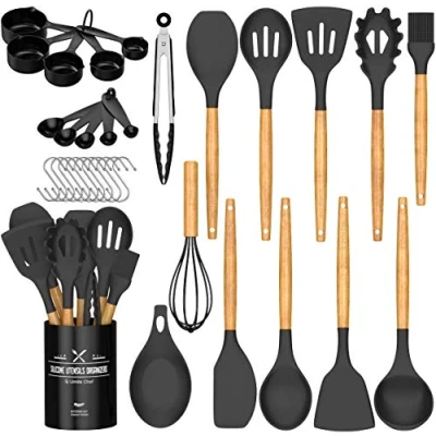 Image of Umite Chef Kitchen Cooking Utensils Set, 24 pcs Non Stick Silicone, Spatula Set with Holder, Wooden Handle Heat Resistant Gadgets (Black)