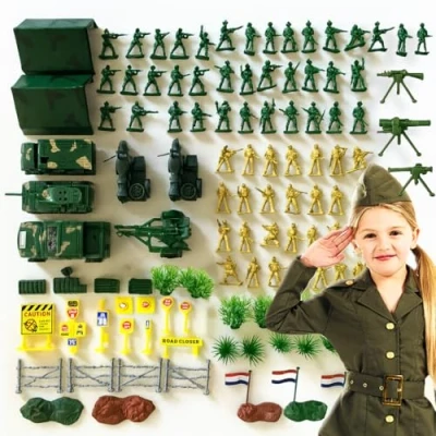Image of sobebear Children Military Truck Army Vehicle Toy Set with Soldier Men, Mini Battle Car in Carrier Playset, Helicopter for Kids (94 Pieces)