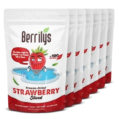 Image of Berrilys Freeze Dried Sliced Strawberries, Healthy Snack, Great for Cake Decorating, No Added Sugar, Non GMO, Pack of 7, 25gr Each