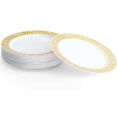 Image of MATANA 40 Premium White Plastic Dinner Plates with Gold Lace Rim, 26cm / 10 Inch Elegant &amp; Reusable Party for Weddings, Birthdays, Picnic, BBQ, Parties