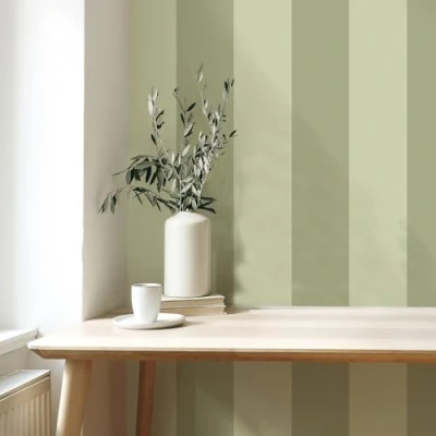 Image of SOPHIE LAURENCE Stripe Wallpaper Sage Green Olive Feature Wall Smooth Finish Retro Quality Bedroom Hallway Living Room