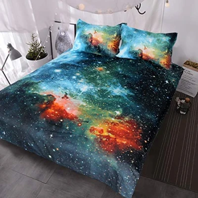 Image of BlessLiving Galaxy Bedding Kids Boys Girls Outer Space Sets 3 Piece Red Blue Green Nebula Duvet Cover Universe Bed Set (Single)