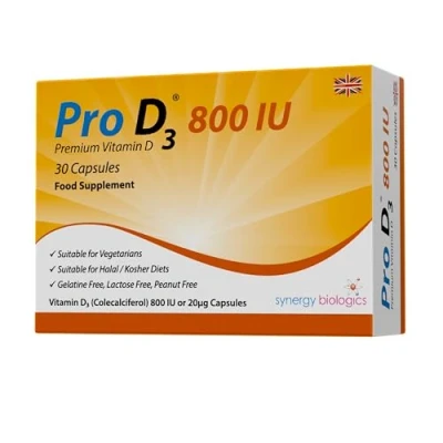 Image of Pro D3 800 IU Capsules Premium Vitamin 30 Gelatine Free, Lactose Dairy Nut Free Suitable for Vegetarians, Halal &amp; Kosher Diets Made in The UK