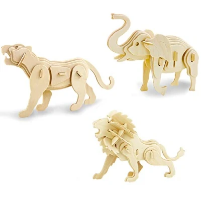 Image of Georgie Porgy Kids Toys Construction Woodcraft Kits Wooden Model Puzzle Age 5 Pack of 3 Jigsaw (Elephant Lion Tiger)