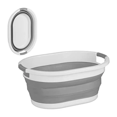 Image of Relaxdays Folding Laundry Basket, 36 litres, Plastic Tub, Clothing, Collapsible Washing Storage, Handles, Grey/White, 27.5 x 61 44 cm