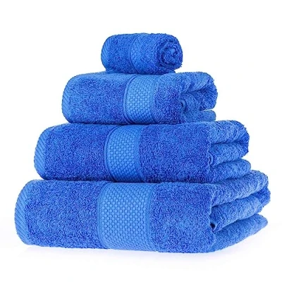 Image of HOMESCAPES Blue Turkish Cotton 4 Piece Towel Set Soft &amp; Absorbent 500 GSM Heavyweight Face Cloth, Hand Towel, Bath Sheet Bale