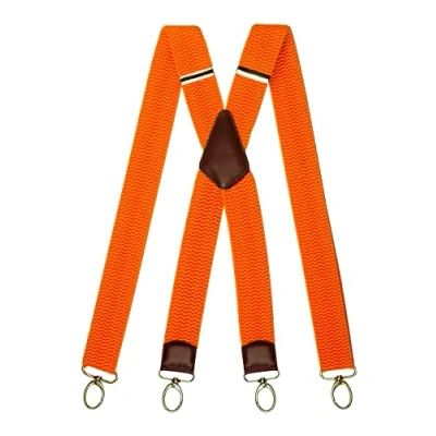 Image of Olata Heavy Duty X Shape Wide Braces/Suspenders with Brown Leather and Carabiner Clips 4cm. Orange