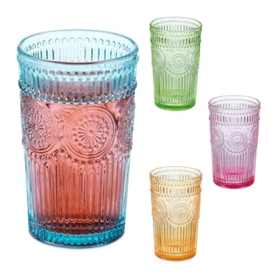 Image of Relaxdays Set of 4 Drinking, Dishwasher Safe, 360ml each, Vintage Glasses with Classic Pattern, Colourful, Steel, 185 x 180 160 cm