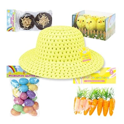 Image of AKH Kids Easter Bonnet Kit Set Make Your Own Hat Eggs Chicks Carrots Craft Nests with 32Pcs Decoration Supplies (Yellow)