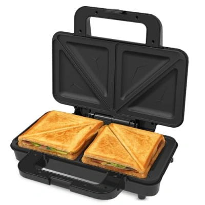 Image of Innoteck Kitchen Pro Deep Fill 2 Slice Sandwich Toaster 900W Thermostatically Controlled Non Stick Ceramic Plates Cool Touch Handle Automatic Temperature Control Black and Chrome