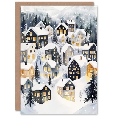 Image of Artery8 Snow Capped Rooftops Winter Alpine Blank For Him Or Her Art Xmas Festive Christmas Card