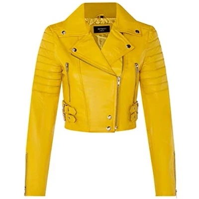 Image of Infinity Leather Womens Cropped Brando Biker Jacket Damascus Yellow Size 12 UK