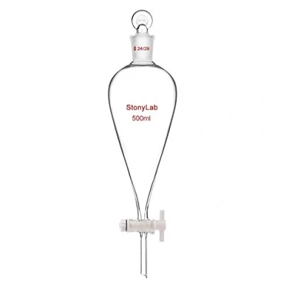 Image of StonyLab PTFE Stopcock Separatory Funnel 500 ml, Borosilicate Glass Heavy Wall Conical Pear Shaped Separation with 24/29 Joint