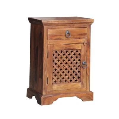 Image of Buttercup Farm Ganga Latic Jali Bedside with Left Side Door Sheesham Wood L31 x W45 H65 cm Honey Dark Finish