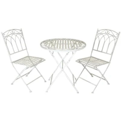 Image of Charles Bentley Rustic Wrought Iron Bistro Set For Patio, Garden, Balcony, Decking, Stylish, Outdoor Furniture, Rustproof, 2 Person, Antique White, 1 Circle Table, Lightweight, Chairs (70x70x75cm)
