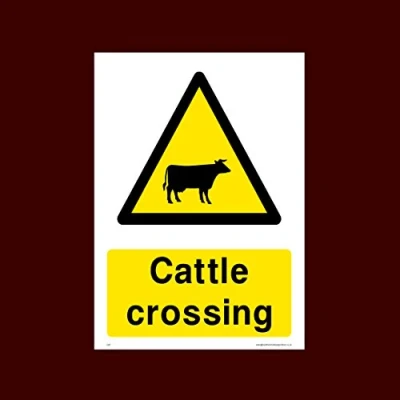 Image of Cattle Crossing Plastic Sign Warning, Farm, Dogs, Agriculture, Cattle, Sheep, Bull (CA7)