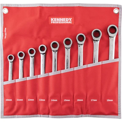 Image of Kennedy Metric Ratchet Combination Spanner Set, 10 to 19mm, Set of 9