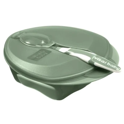 Image of Vital Baby Nourish Weaning Bowl with Lid &amp; Spoon 6m+, Green, Food Mashing Zones, Soft Tip, EarthSmart Biodegradable, BPA Free Portable Hygienic Cover