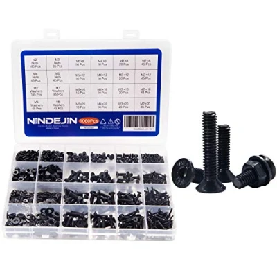 Image of NINDEJIN 1060pcs 12.9 Grade Carbon Steel M2 M3 M4 M5 Metric Hex Socket Head Cap Bolts Screws Nuts Washers Assortment Kit with Wrenches (Flat Cap)