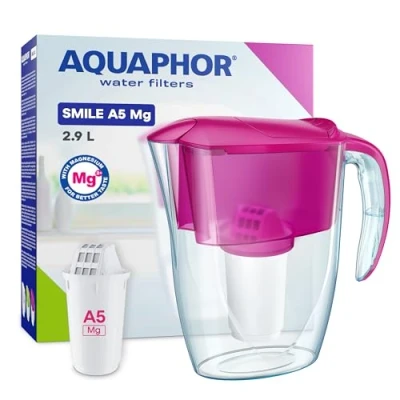 Image of AQUAPHOR Smile Water Filter Jug 2.9L, Fits Fridge Door, Student Friendly Lightweight, Space saving, Includes 1xA5 350L with added Magnesium, Reduces Limescale, Chlorine, Microplastics Pink
