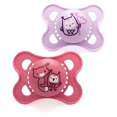 Image of MAM Original Soother 2 6 Months (Pack of 2), Baby Made from Sustainable Material, SkinSoft Silicone Teat, with Case, Pink/Purple (Designs May Vary)