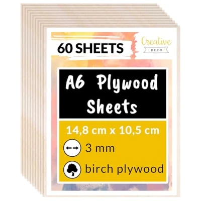 Image of Creative Deco 60 x A6 Birch Plywood Sheets 148 105 3mm Baltic Wood Ply Perfect Board for DIY Home Decor, Arts, Craft, Painting, Laser Cutting, CNC, Scroll Saw, Stenciling Pyrography