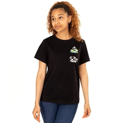 Image of Toy Story Alien The Claw Pizza Plant Pocket Front Disney Ladies Black T Shirt