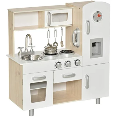 Image of HOMCOM Kids Wooden Pretend Play Toy Kitchen Cooking Set Role Phone for Boys Girls White