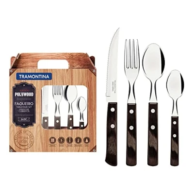 Image of Tramontina Cutlery Set with Steak Knives, 24 Piece Sharp Knife, Forks, Teaspoons, Tablespoons Wooden Handles, ‎Camping, Kitchen, Rustic, Dishwasher Safe, 21199905