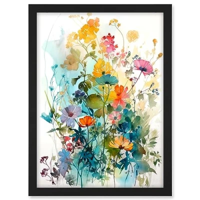 Image of Artery8 Wild Flowers Watercolour Painting Rainbow Colour Bright Floral Spring Field Artwork Framed A3 Wall Art Print
