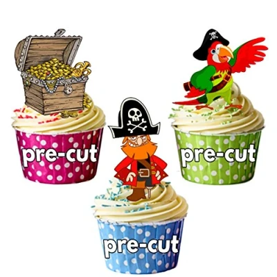 Image of AK Giftshop PRE CUT Pirate Parrot &amp; Treasure Chest Mix Edible Cupcake Toppers/Cake Decorations (Pack of 12)
