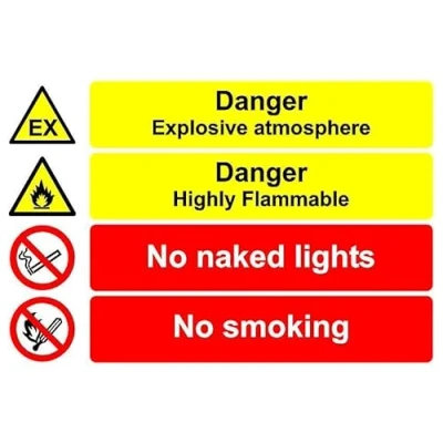 Image of Danger explosive atmosphere highly flammable no naked lights smoking safety sign Self adhesive sticker (200mm x 150mm)