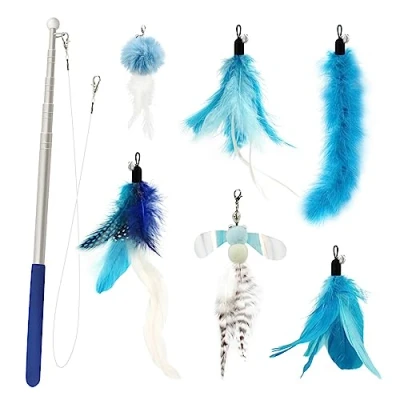 Image of SONGWAY Cat Toy Feather Wand 7 Pcs Interactive Toys for Indoor Kitten, 1 Retractable Teaser With 6 Refills, Stick Toys, Fishing Rod Green