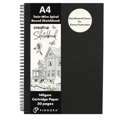 Image of Pinnora Creative A4 Sketchbook, Wire Spiral Bound Sketch Book with 50 Pages of Mixed Media Art Paper 140gsm, Sketchbook A4, Black Board Drawing Pad Cover, and for All Artists